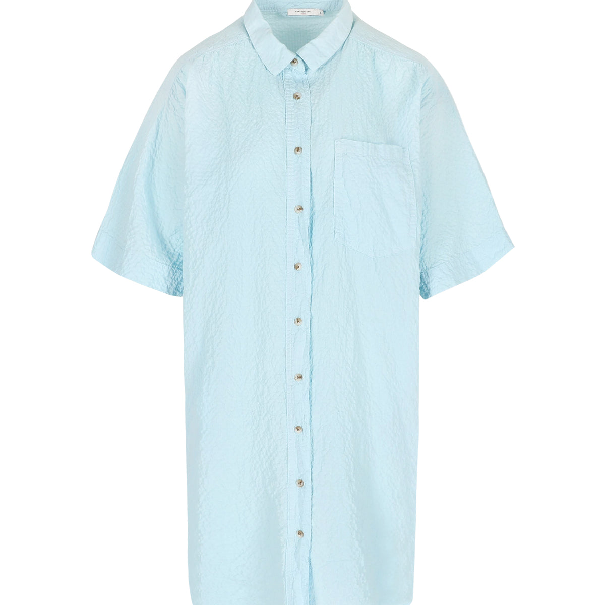 aquamarine shirt dress Comfort A beautifully ruched waist sculpts the silhouette before falling into a fluid midi ITHACA DRESS // LIGHT BLUE